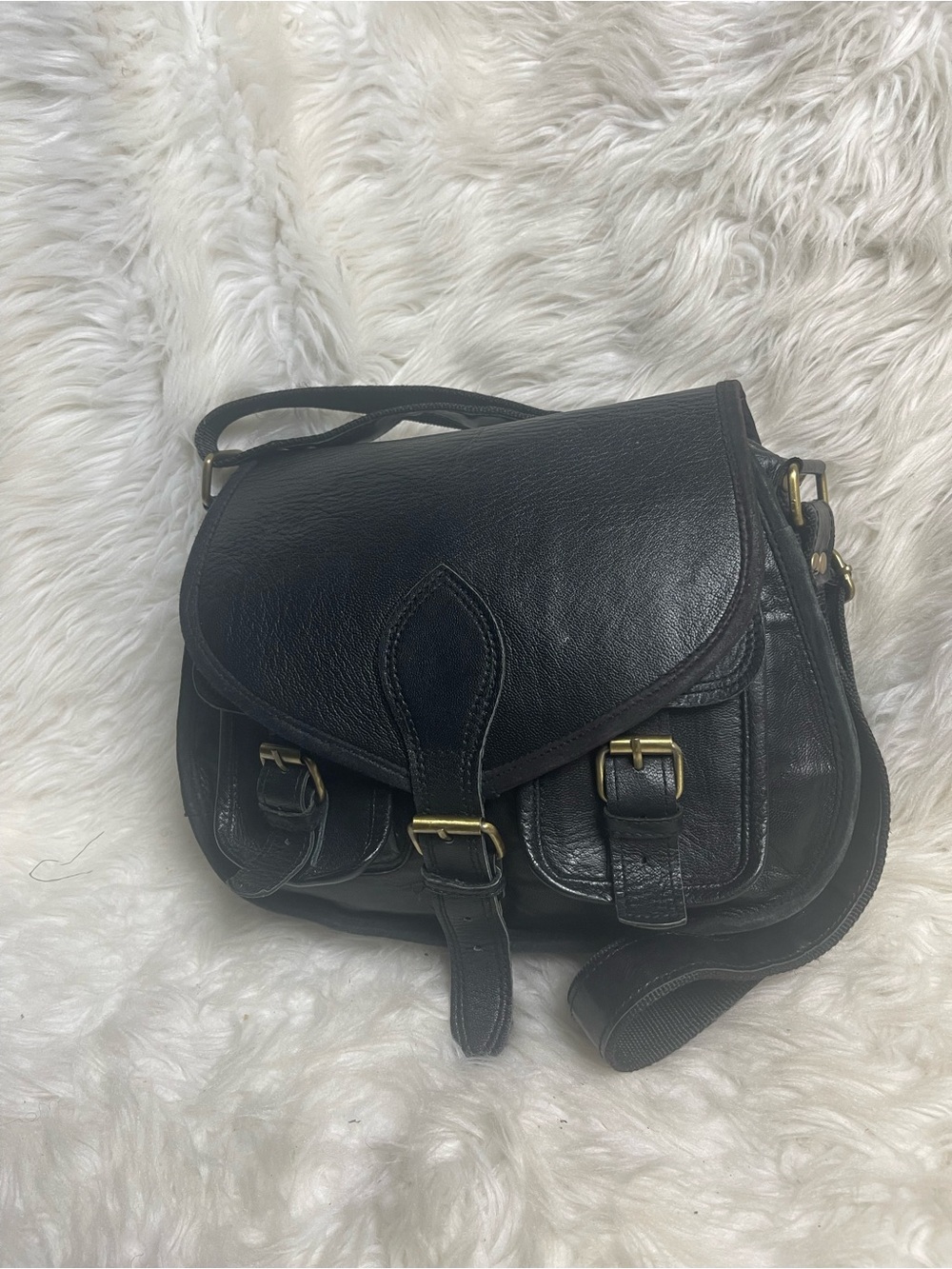 FIRU Handmade Black leather Crossbody Satchel gold tone hardwares